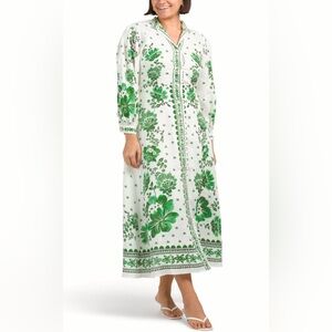 Magaschoni Linen Maxi Dress Lantern Sleeve V-neck (Farm Rio Green Forest Soul)